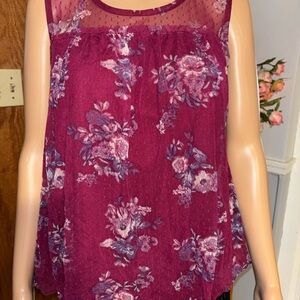 No Boundaries Floral Mesh Yoke Sleeveless Camisole - Wine & Pink